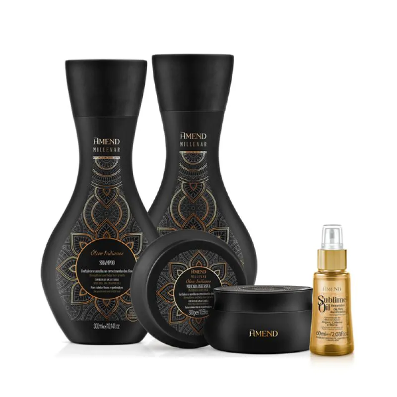 AMEND MILLENAR ÓLEOS INDIANOS SHAMPOO 300ML + CONDICIONADOR 300ML + MASCARA 300ML + SUBLIME OIL 60ML