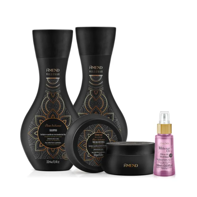 AMEND MILLENAR ÓLEOS INDIANOS SHAMPOO 300ML + CONDICIONADOR 300ML + MASCARA 300ML + MILLENAR OIL MORINGA 60ML