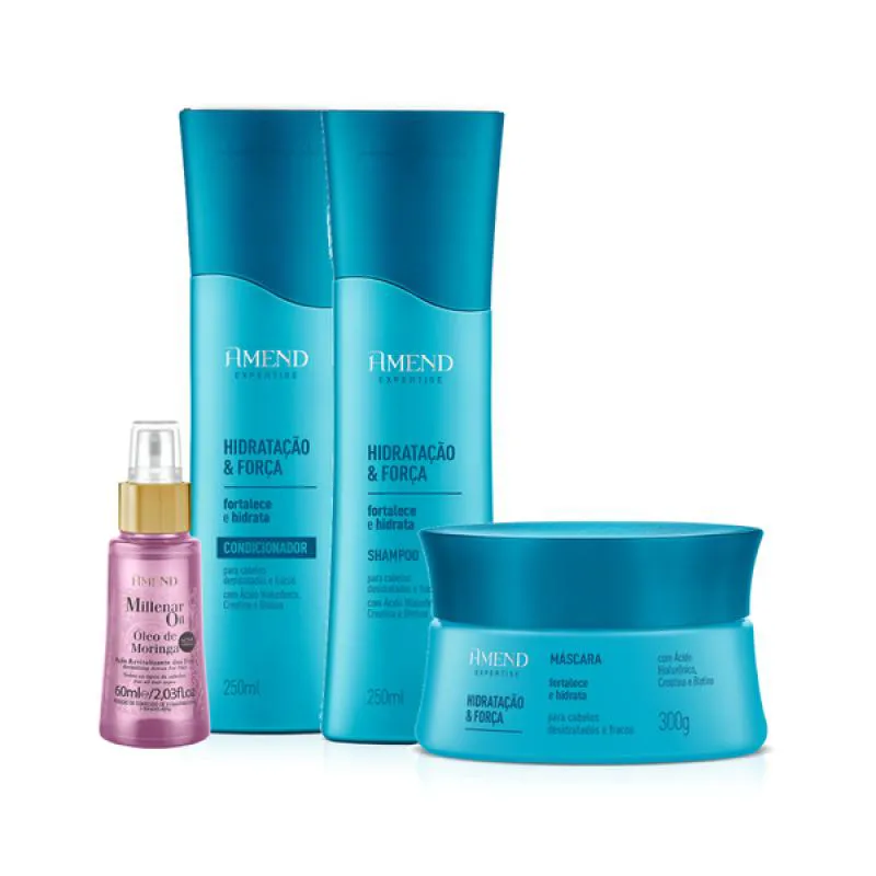 AMEND EXPERTISE HIDRATAçãO E FORçA SHAMPOO 250ML + CONDICIONADOR 250ML + MASCARA 300ML + MILLENAR OIL MORINGA 60ML