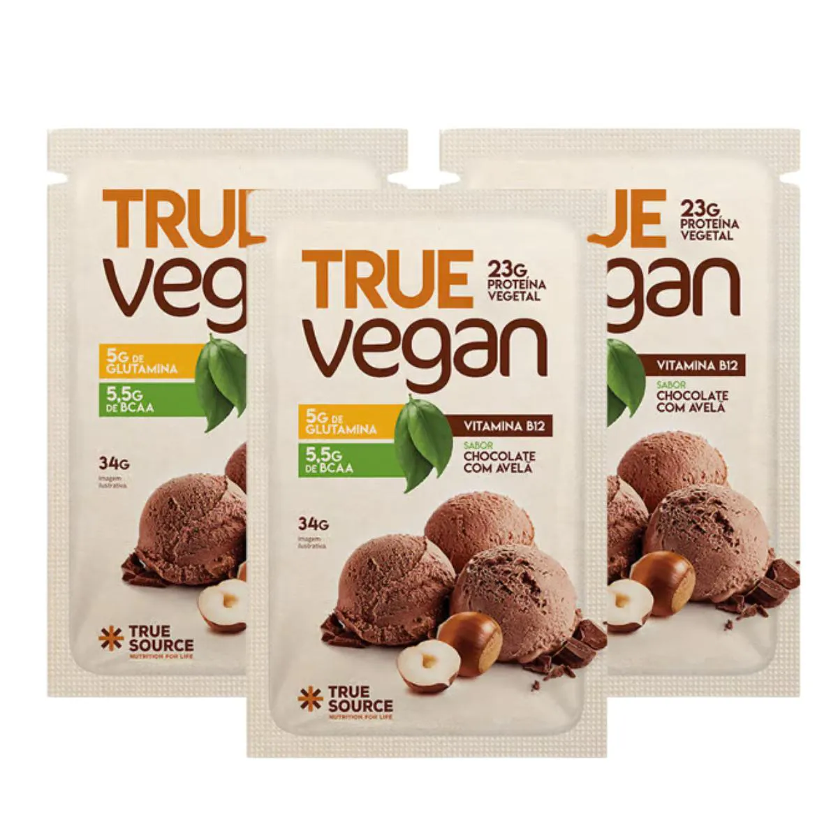 3X SACHê TRUE VEGAN PROTEíNA VEGANA CHOCOLATE COM AVELã TRUE SOURCE 34G