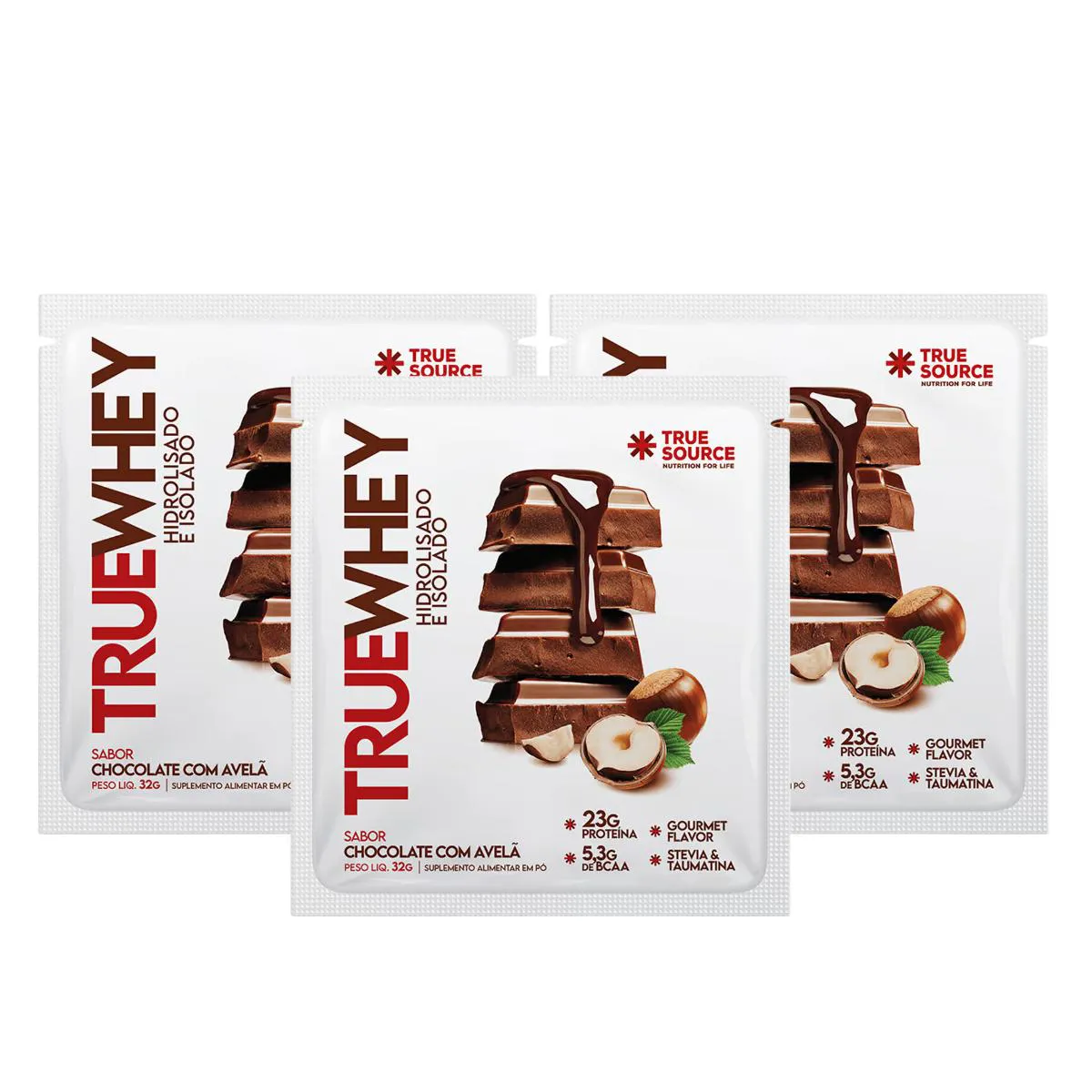 3X SACHê TRUE WHEY PROTEíNA CHOCOLATE COM AVELã TRUE SOURCE 32G Chocolate COM Avela