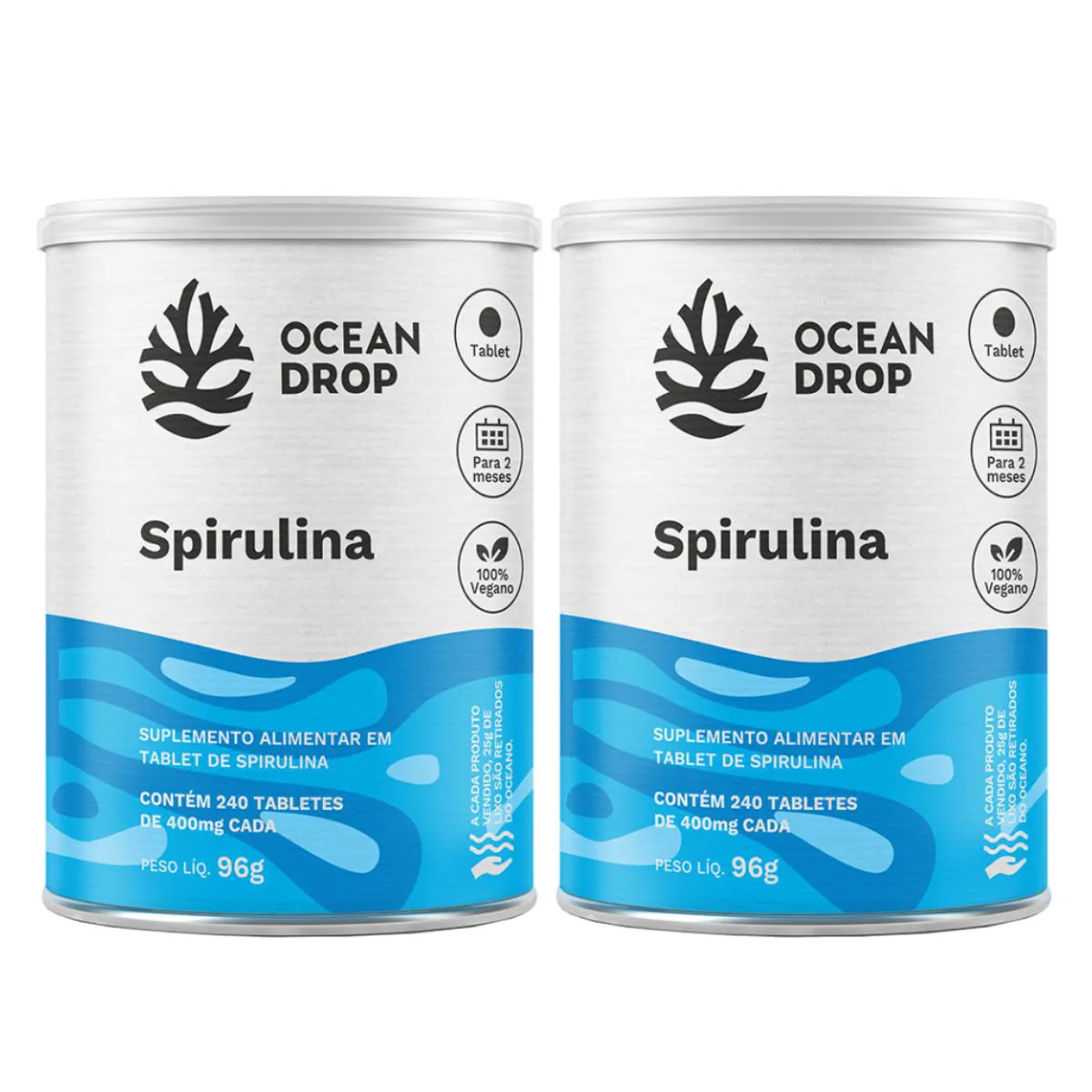 2X SPIRULINA FERRO VITAMINA B12 OCEAN DROP 240 TABLETES SEM Sabor