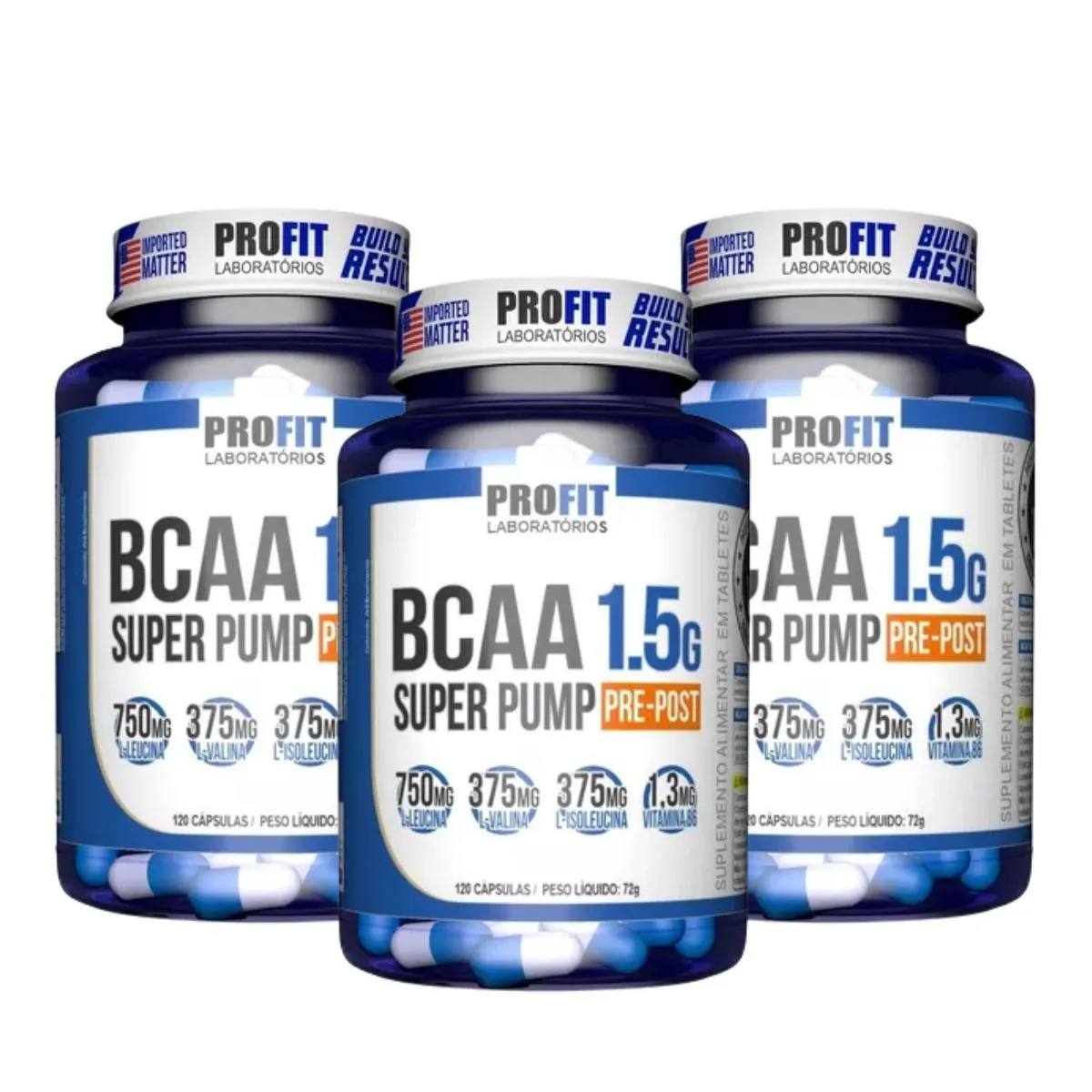 3X SUPLEMENTO BCAA 1.5G SUPER PUMP PROFIT 120 CáPSULAS SEM Sabor