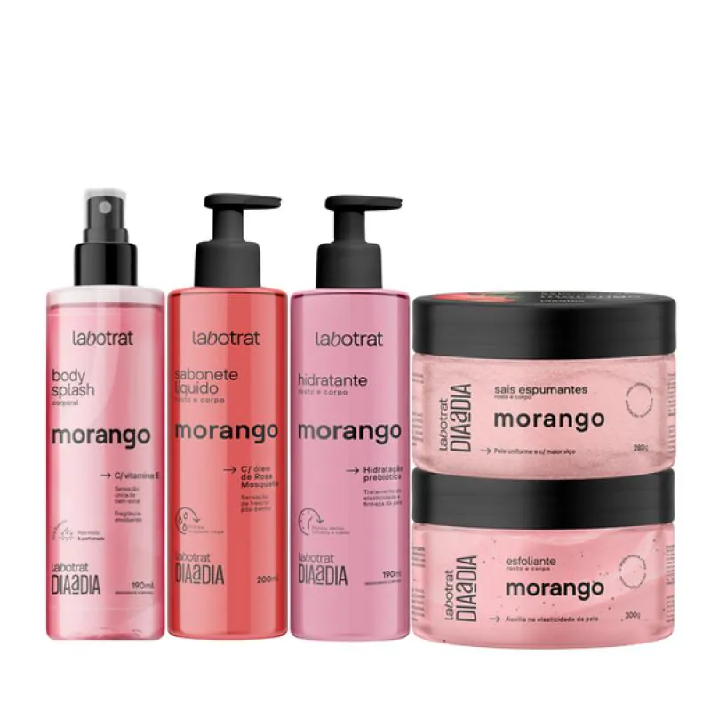 KIT MORANGO ESFOLIANTE 300ML + BODY SPLASH + HIDRATANTE + SABONETE + SAIS