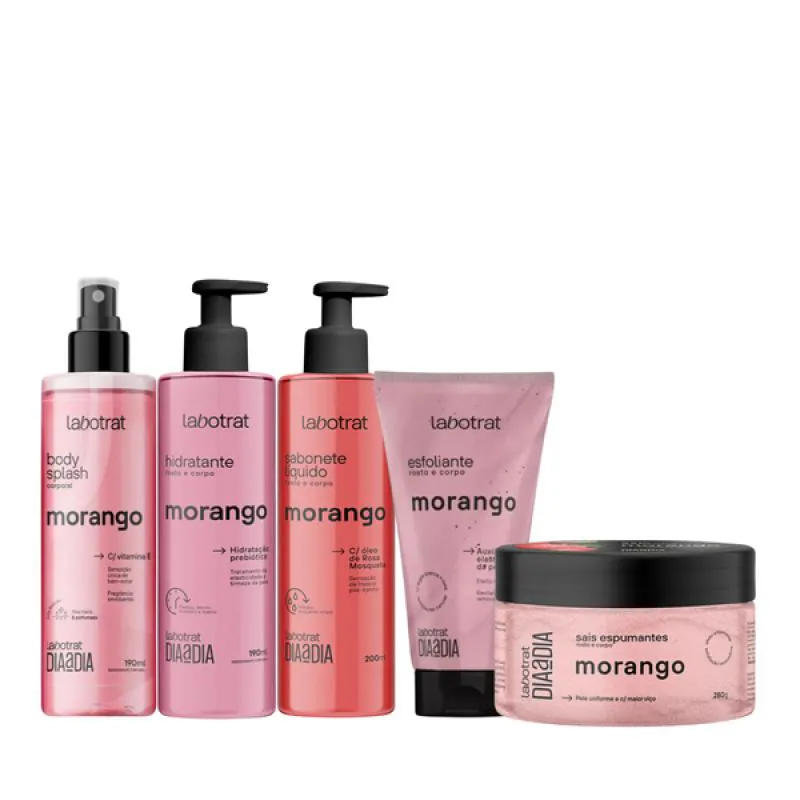 KIT MORANGO ESFOLIANTE 150ML + BODY SPLASH + HIDRATANTE + SABONETE + SAIS