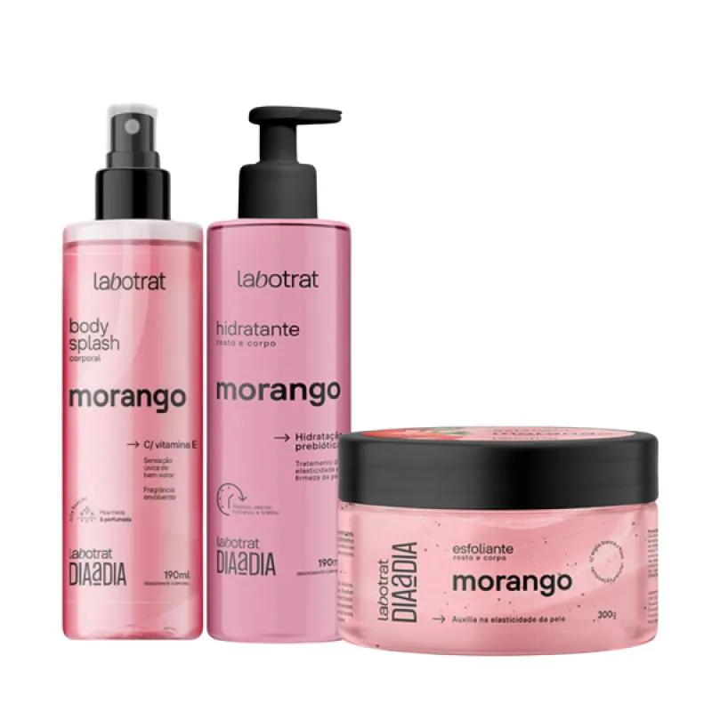 KIT DIA A DIA MORANGO ESFOLIANTE 300ML + BODY SPLASH + HIDRATANTE