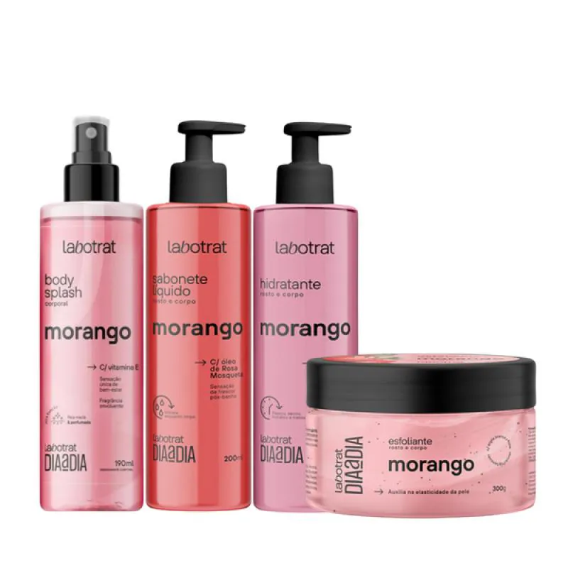 KIT DIA A DIA MORANGO ESFOLIANTE 300ML + BODY SPLASH + HIDRATANTE + SABONETE