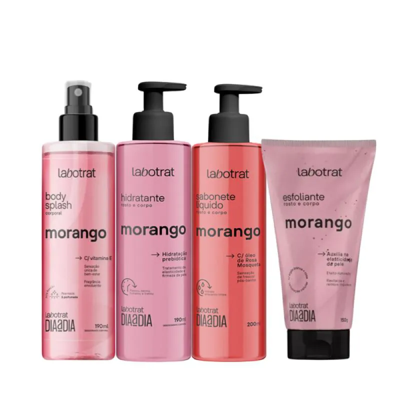 KIT DIA A DIA MORANGO ESFOLIANTE 150ML + BODY SPLASH + HIDRATANTE + SABONETE