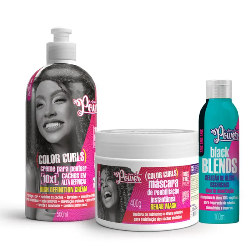 SOUL POWER COLOR CURLS MáSCARA + CREME P/ PENTEAR 500ML + BLENDS ÓLEO