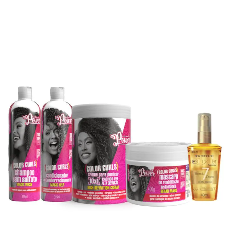 SOUL POWER COLOR CURLS COMPLETO + CREME P/ PENTEAR 800ML + ELIXIR ÓLEO