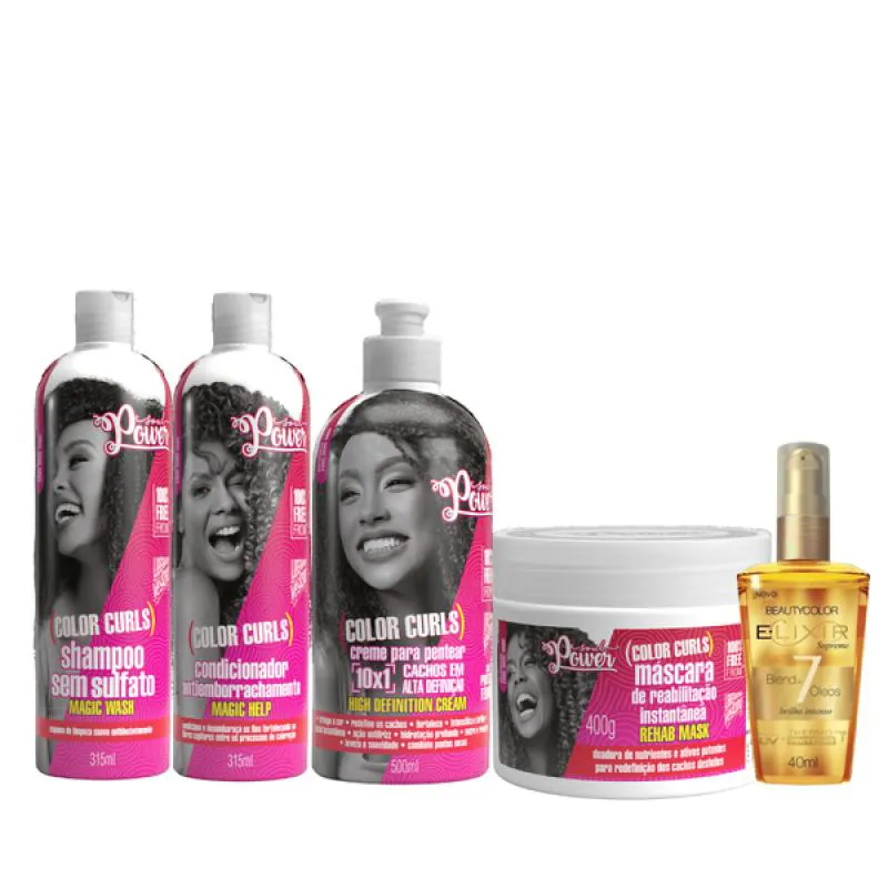 SOUL POWER COLOR CURLS COMPLETO + CREME P/ PENTEAR 500ML + ELIXIR ÓLEO