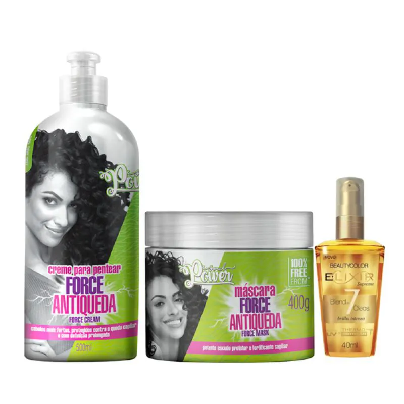 SOUL POWER FORCE HAIR ANTIQUEDA MASCARA + CREME PENTEAR 500ML + ELIXIR ÓLEO