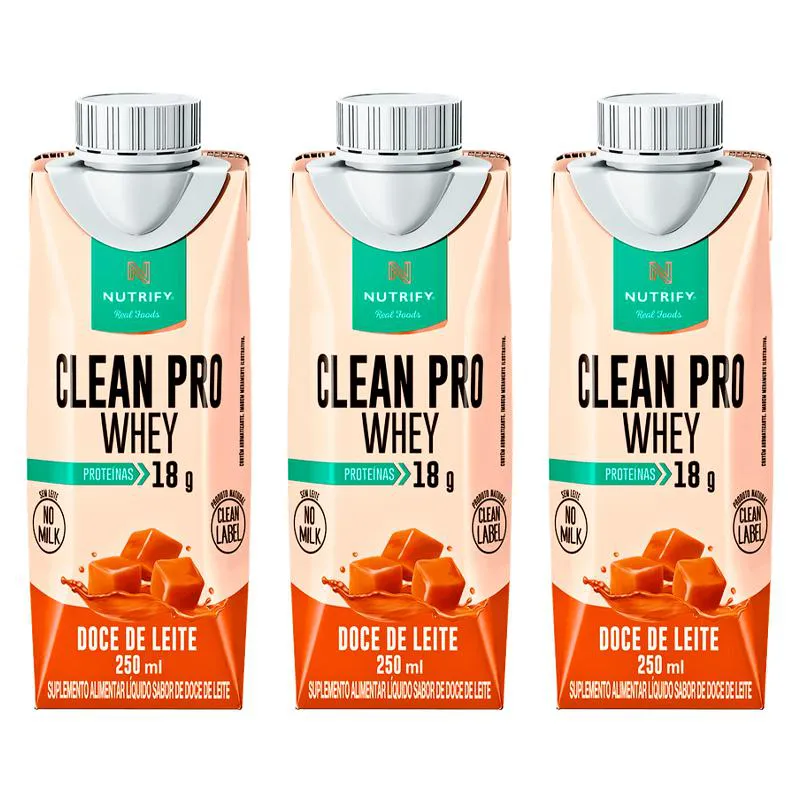 KIT 3X: CLEANPRO WHEY LíQUIDO DOCE DE LEITE NUTRIFY 250ML