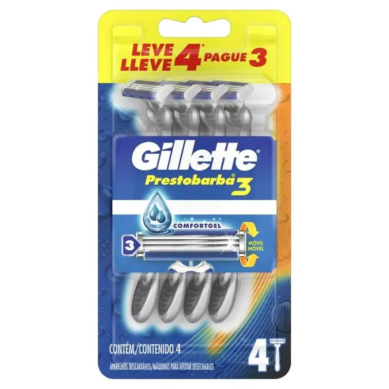 APARELHO DE BARBEAR PRESTOBARBA 3 GILLETTE C/ 4 UNIDADES