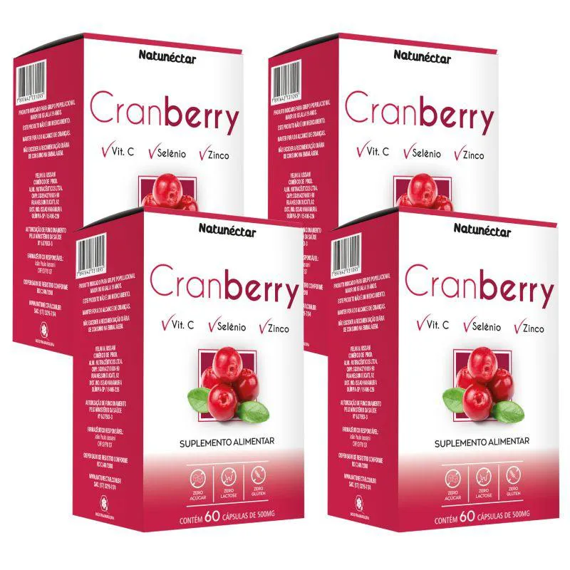 KIT CRANBERRY SUPLEMENTO ALIMENTAR NATUNECTAR 500MG - 4 UNID (240 CáPSULAS)