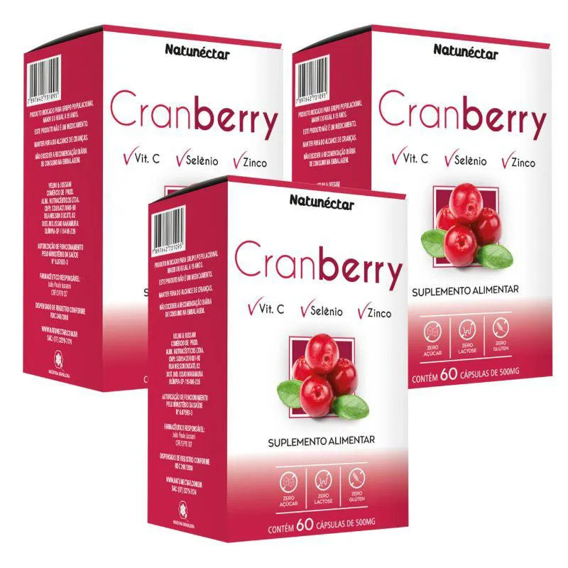 KIT CRANBERRY SUPLEMENTO ALIMENTAR NATUNECTAR 500MG - 3 UNID (180 CáPSULAS)