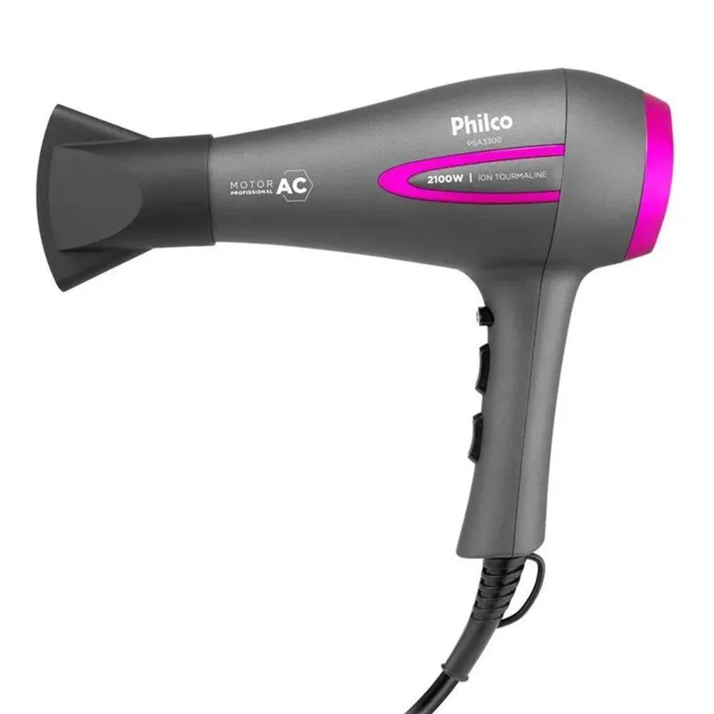 SECADOR DE CABELO PHILCO PSA3300 IONS TOURMAL - 2 VELOCIDADES 3 TEMPERATURAS, 2100W, CINZA/ROSA 220