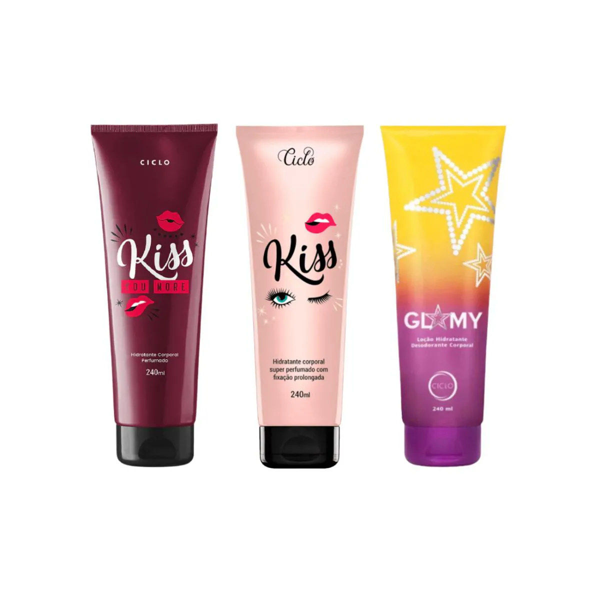 KIT HIDRATANTE CICLO KISS + KISS YOU MORE + GLAMY 240ML CADA