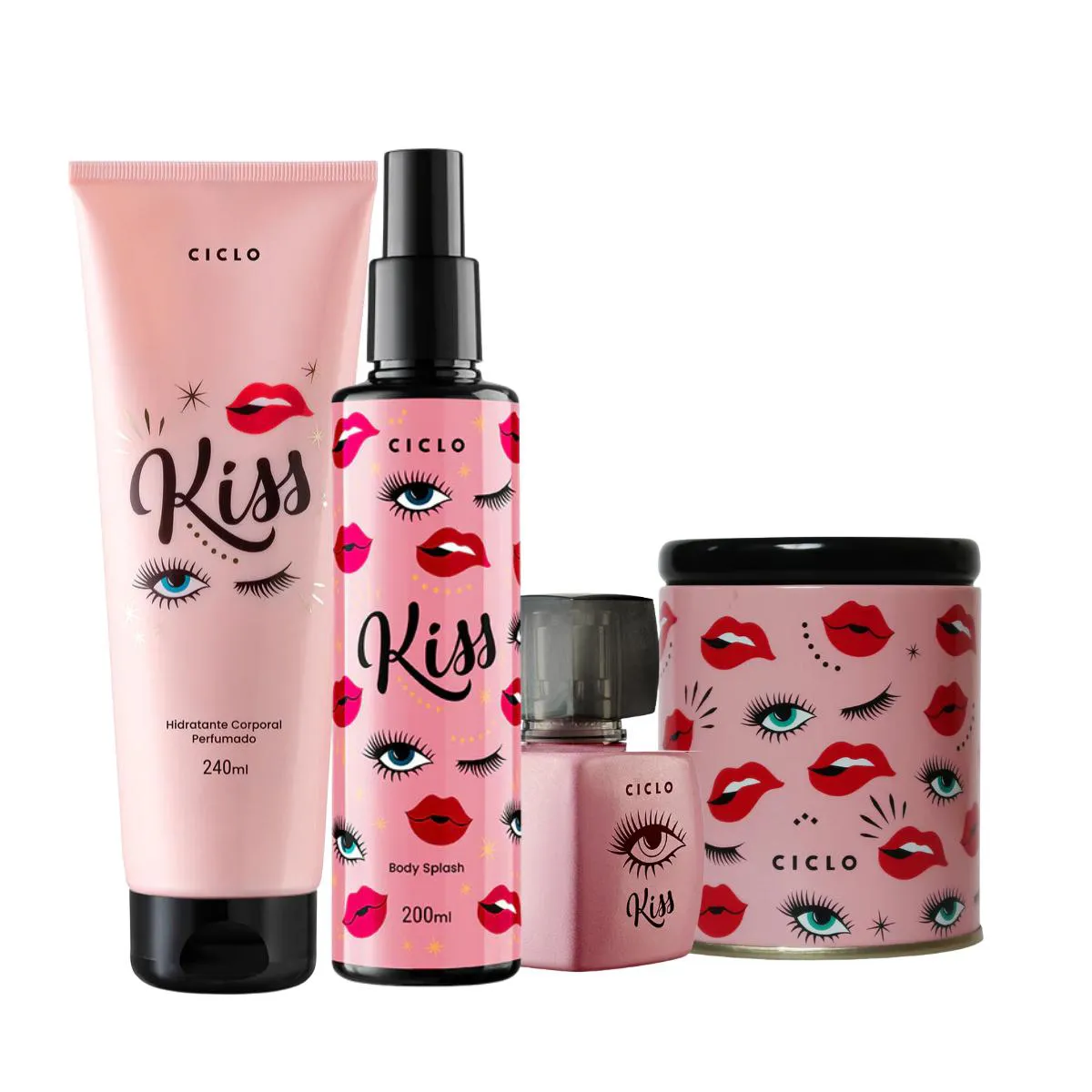 KIT CICLO DEO COLôNIA 50ML + BODY SPLASH + HIDRATANTE KISS