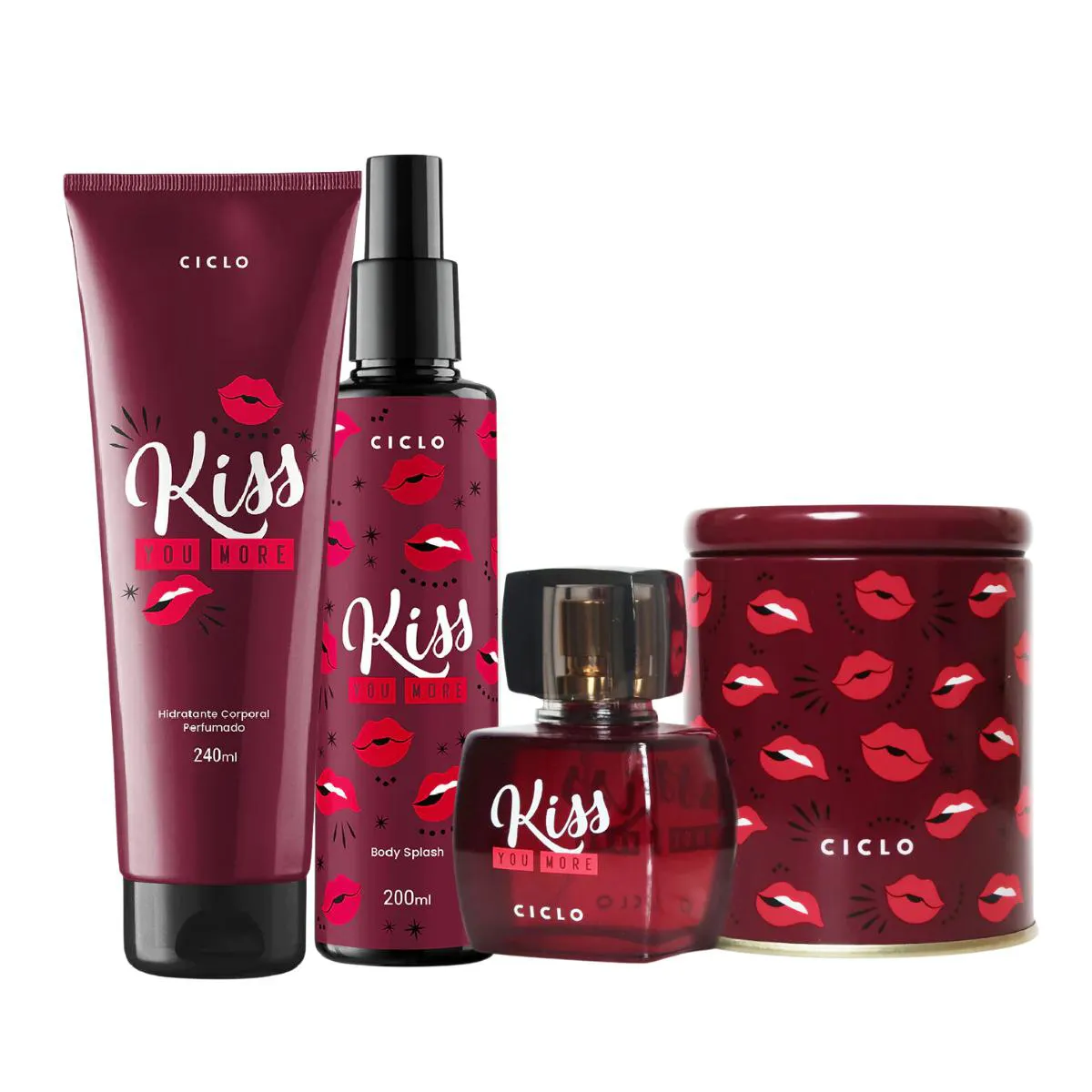 KIT CICLO COLôNIA 50ML LATA + BODY SPLASH + HIDRATANTE KISS YOU MORE