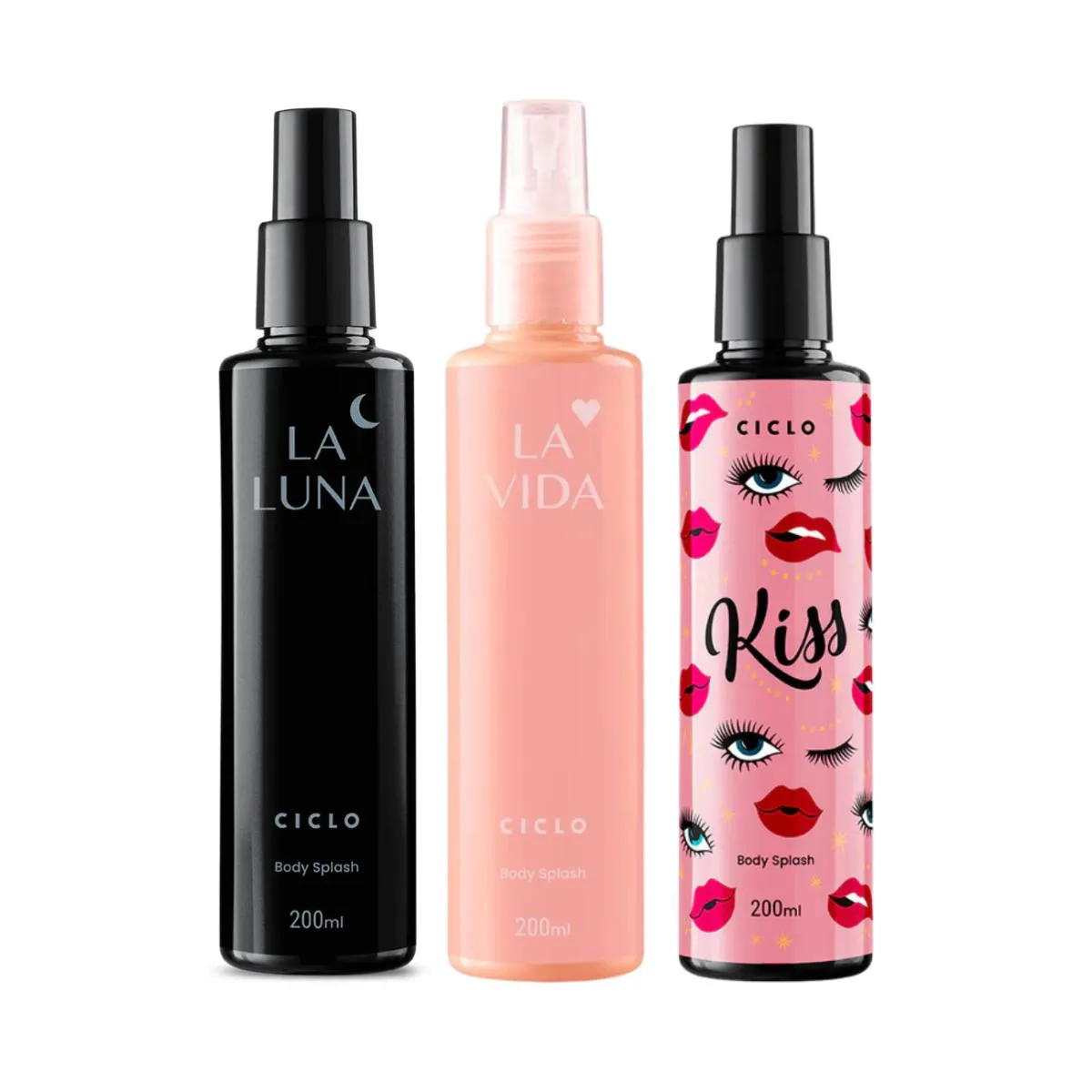 KIT BODY SPLASH LA LUNA + LA VIDA + KISS 200ML CADA CICLO COSMéTICOS