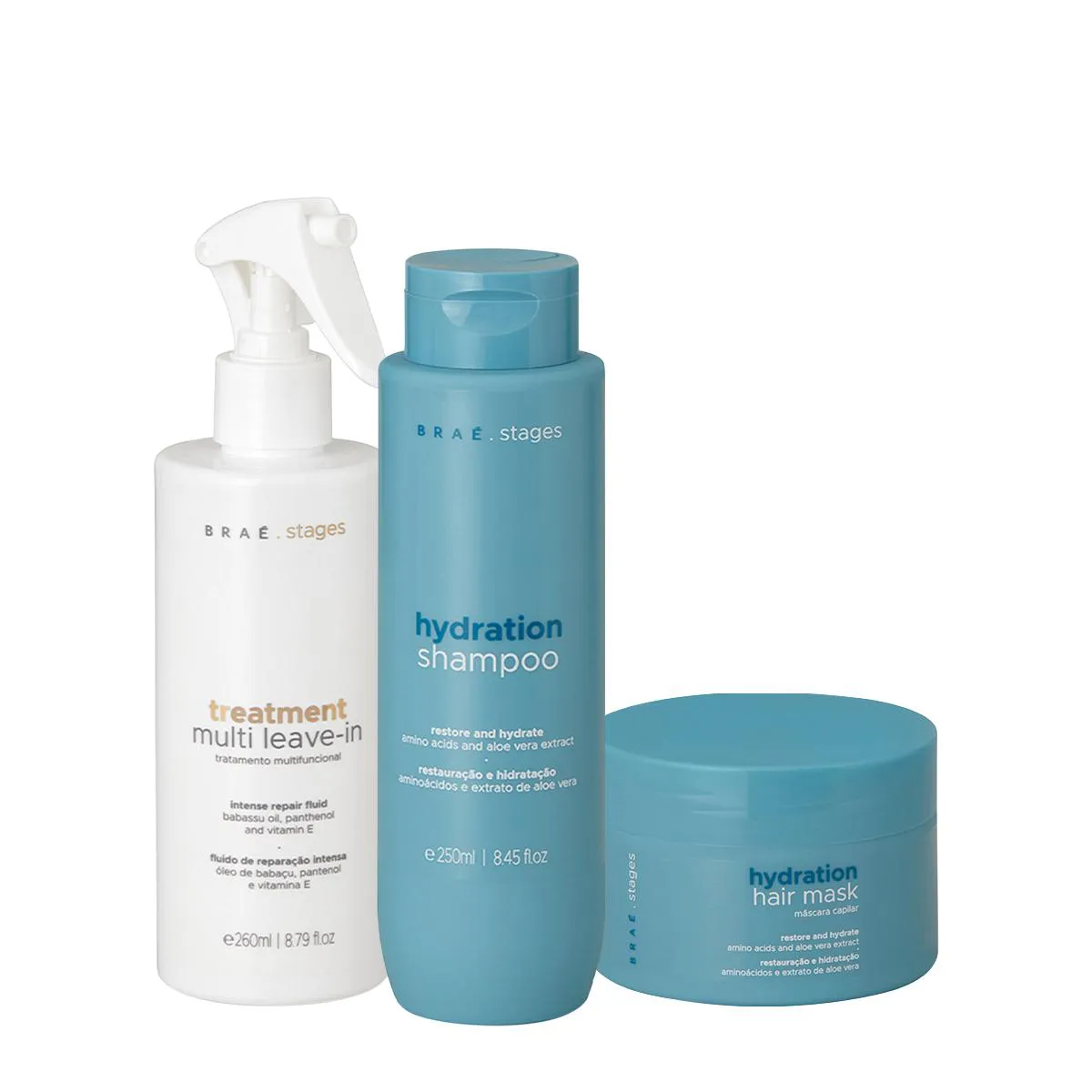 KIT BRAé STAGES HYDRATION SHAMPOO MáSCARA MULTI LEAVE-IN (3 PRODUTOS)