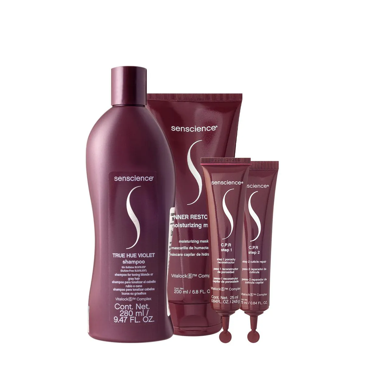 SENSCIENCE TRUE HUE VIOLET SHAMPOO MáSCARA MOISTURIZING E C.P.R. (3 PRODUTOS)