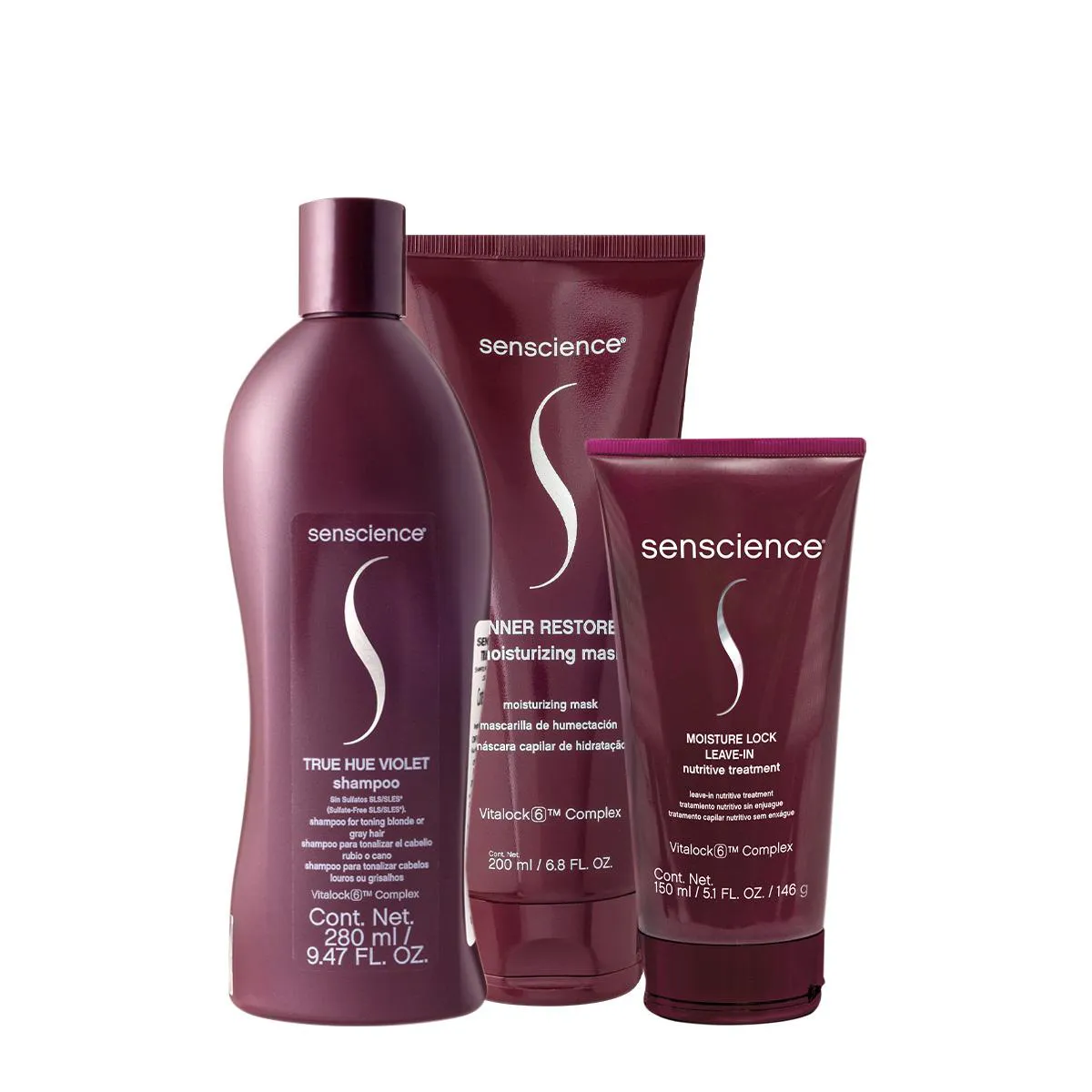 SENSCIENCE TRUE HUE VIOLET SHAMPOO MáSCARA E LEAVE-IN (3 PRODUTOS)