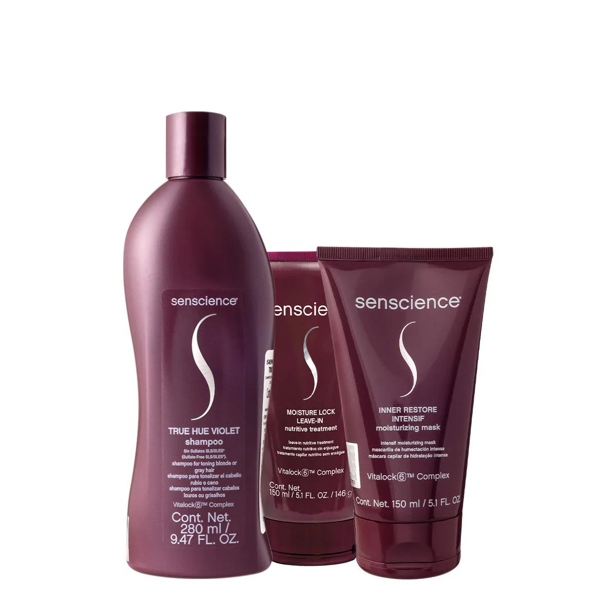 SENSCIENCE TRUE HUE VIOLET SHAMPOO MáSCARA INTENSIF E LEAVE-IN (3 PRODUTOS)