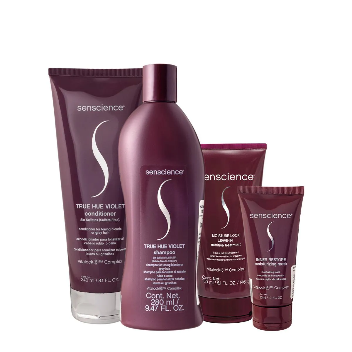 KIT SENSCIENCE TRUE HUE VIOLET SHAMPOO CONDICIONADOR MáSCARA 50 LEAVE-IN (4 PRODUTOS)