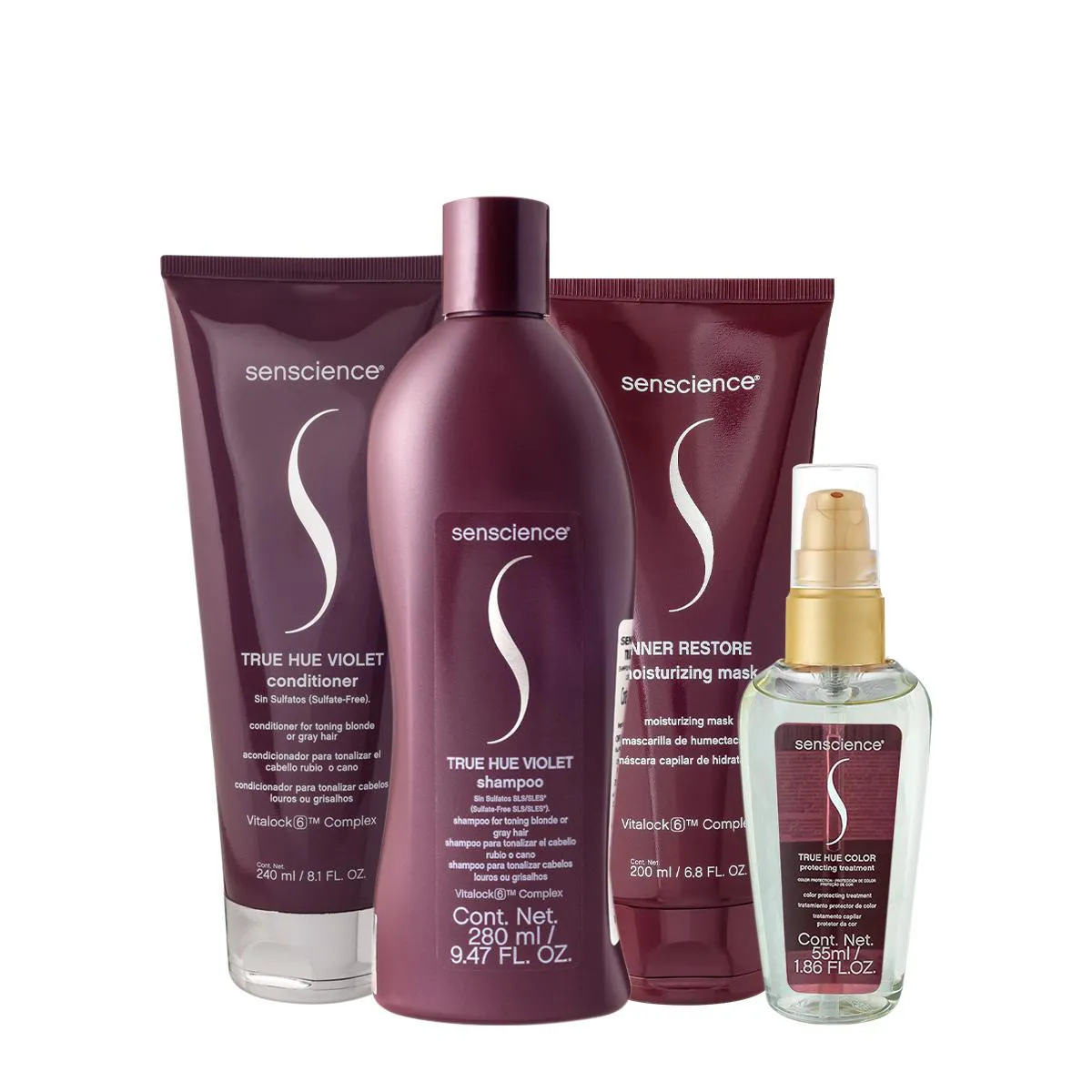 KIT SENSCIENCE TRUE HUE VIOLET SHAMPOO CONDICIONADOR MáSCARA 200 E ÓLEO (4 PRODUTOS)