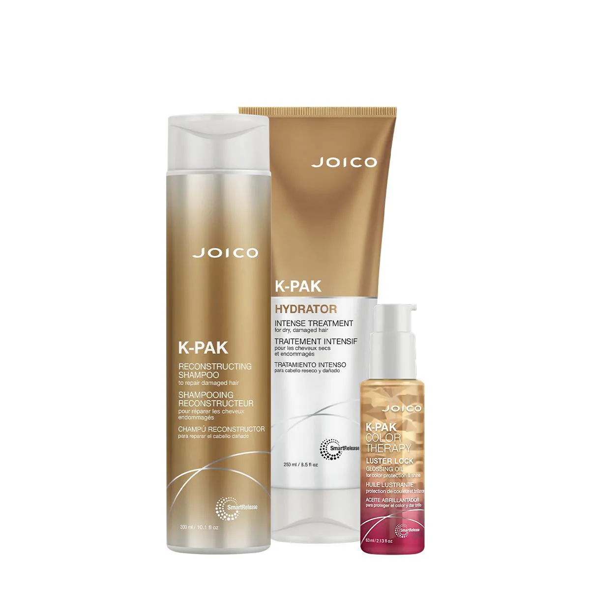 KIT JOICO K-PAK RECONSTRUTOR HYDRATOR LUSTER SHAMPOO MáSCARA OIL (3 PRODUTOS)