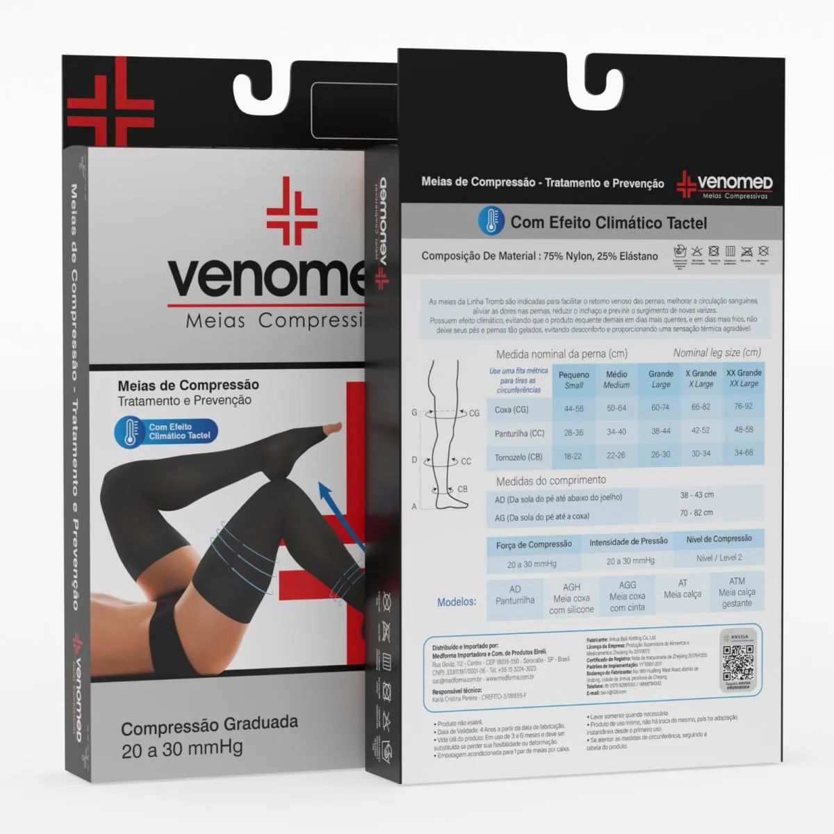 MEIAS COMPRESSÃO 20 A 30MMHG ABERTA 7/8 VENOMED TROMB2300 COR PRETA TAMANHO G