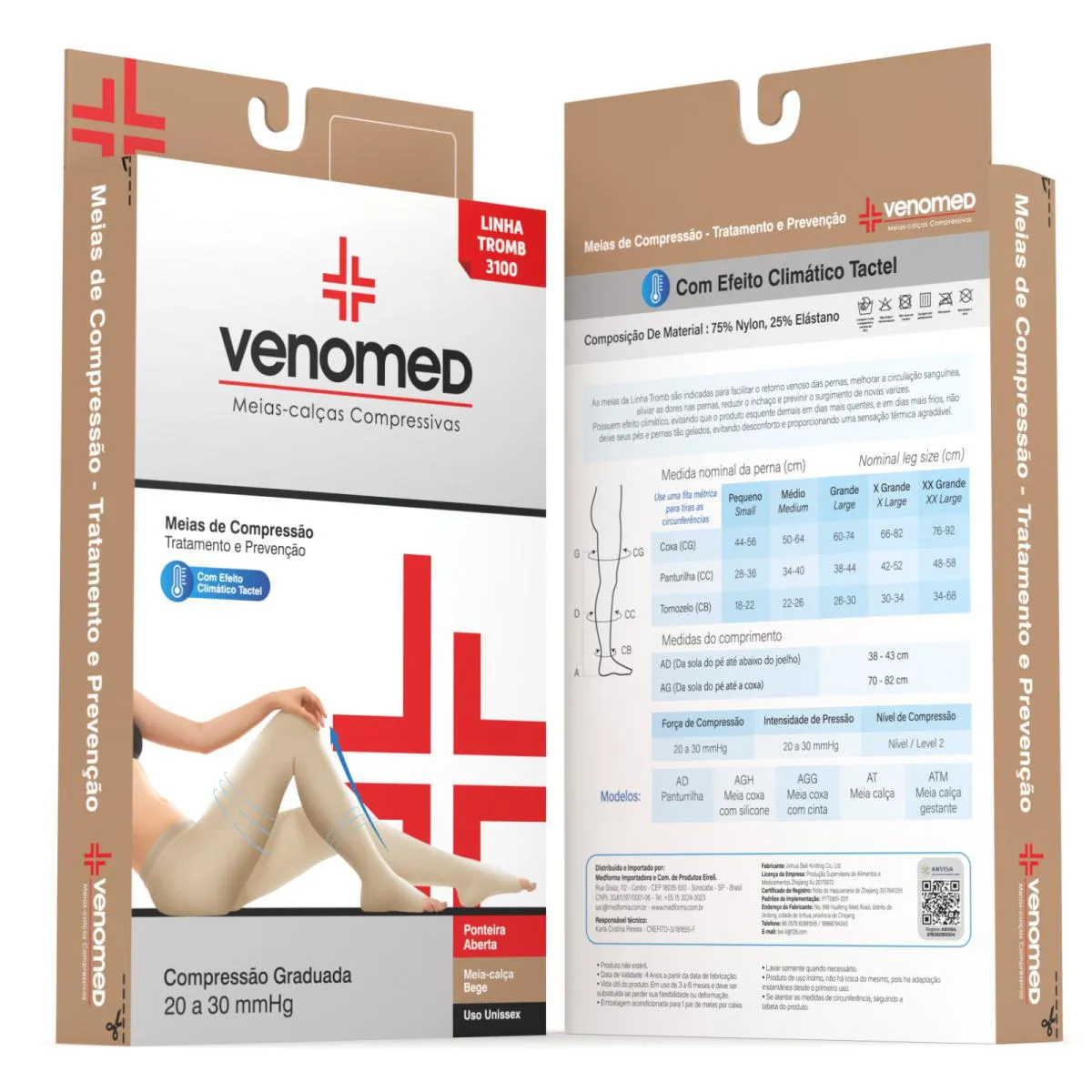 MEIAS COMPRESSÃO 20 30MMHG AB. MEIA-CALÇA VENOMED TROMB3100 COR BEGE TAMANHO P