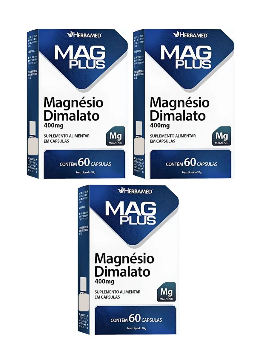 KIT 3 SUPLEMENTO MAG PLUS MAGNéSIO DIMALATO 60CPS - HERBAMED