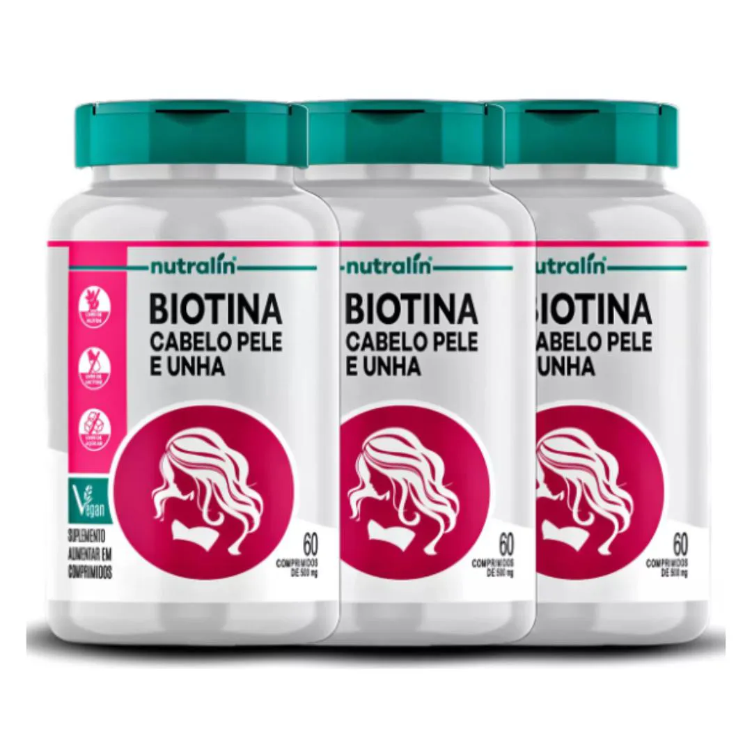 KIT 3X BIOTINA CABELO PELE E UNHA 60 COMPS VEGANO SEM LACTOSE NUTRALIN