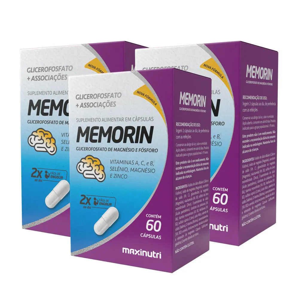 KIT 3 MEMORIN GLICEROFOSFATO DE MAGNéSIO + VITAMINAS 60 CáPSULAS MAXINUTRI