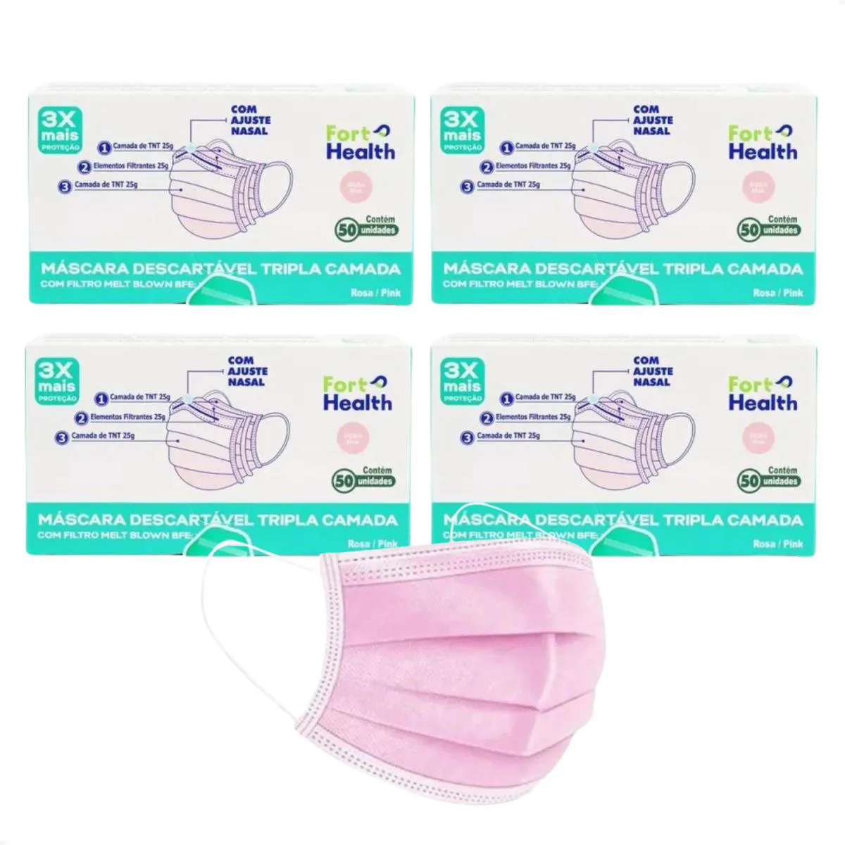 KIT COM 4 MáSCARA CIRúRGICA ROSA TRIPLA CAMADA 50 UND  CADA