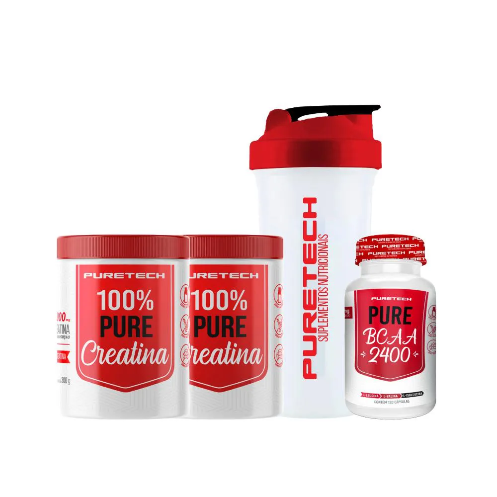 KIT 2X CREATINA 100% PURE 300G + BCAA 2400 120CAPS + COQUETELEIRA PURETECH Neutro