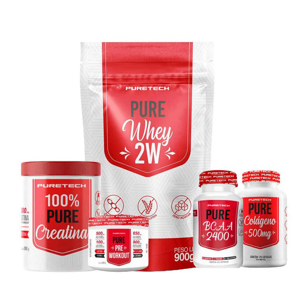 KIT 100% PURE WHEY 900G + CREATINA CREA+TECH 96G + PRé TREINO UVA 100G + COQUETELEIRA PURETECH Baunilha