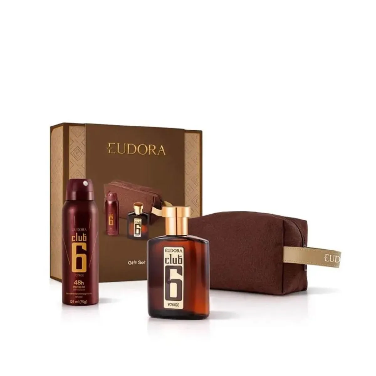 EUDORA CLUB 6 VOYAGE COFFRET - PERFUME MASCULINO DEO COLôNIA 75ML + DESODORANTE ANTITRANSPIRANTE 95ML  + NECESSAIRE