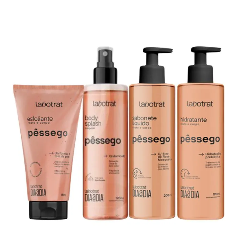 KIT PêSSEGO ESFOLIANTE 150ML + BODY SPLASH + HIDRATANTE + SABONETE