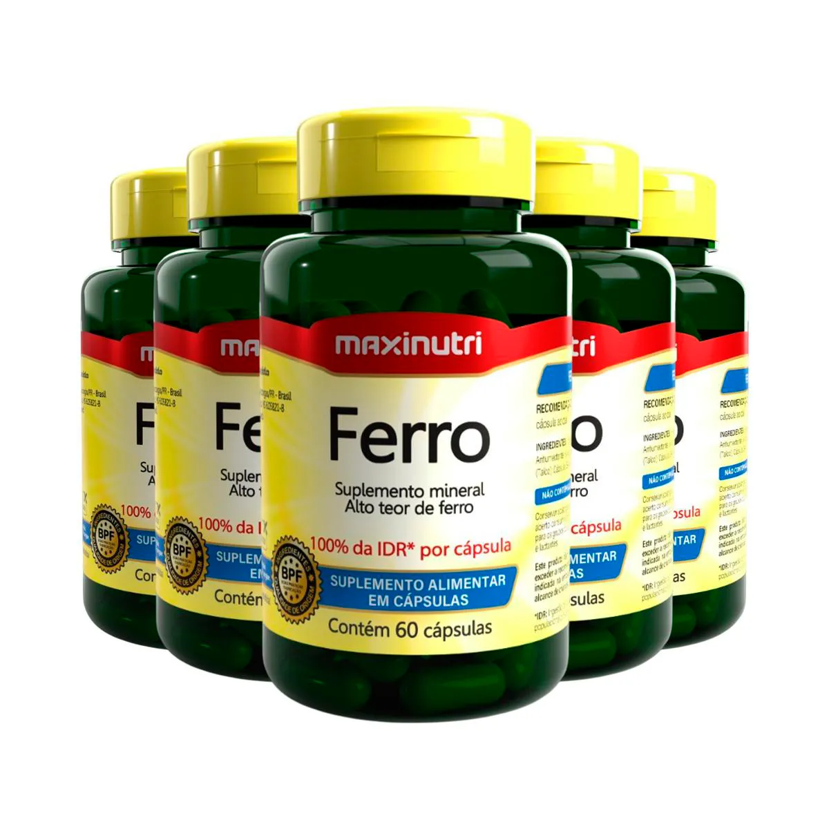 Kit 5 Ferro 100%IDR Maxinutri 60 Cápsulas