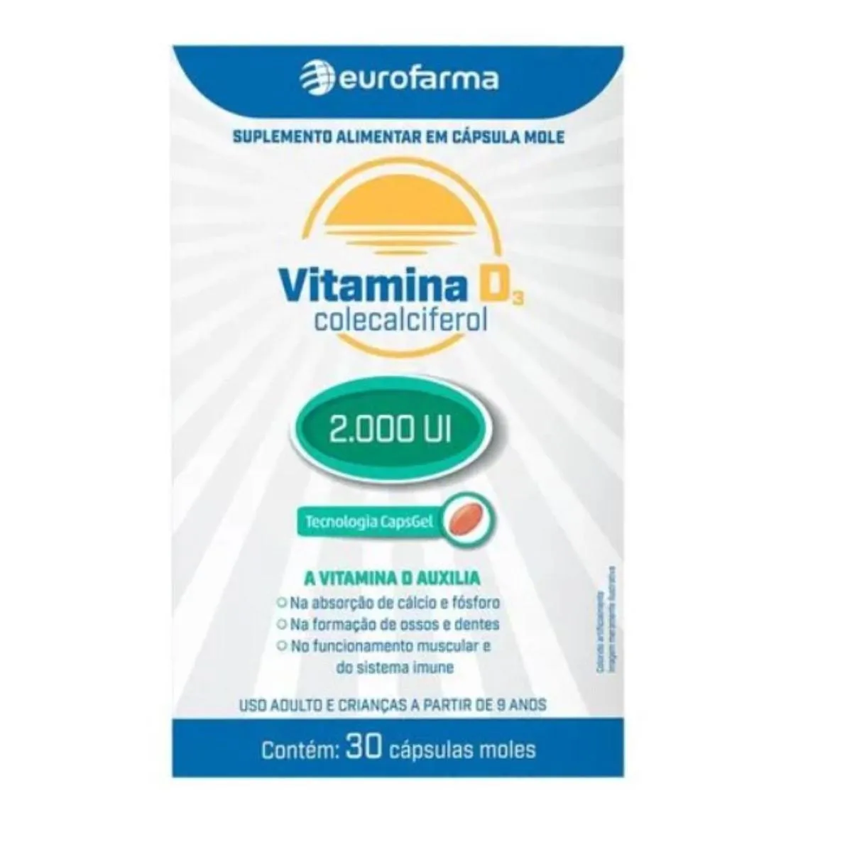 SUPLEMENTO VITAMíNICO VITAMINA D3 2000UI EUROFARMA - 30 CáPSULAS GEL