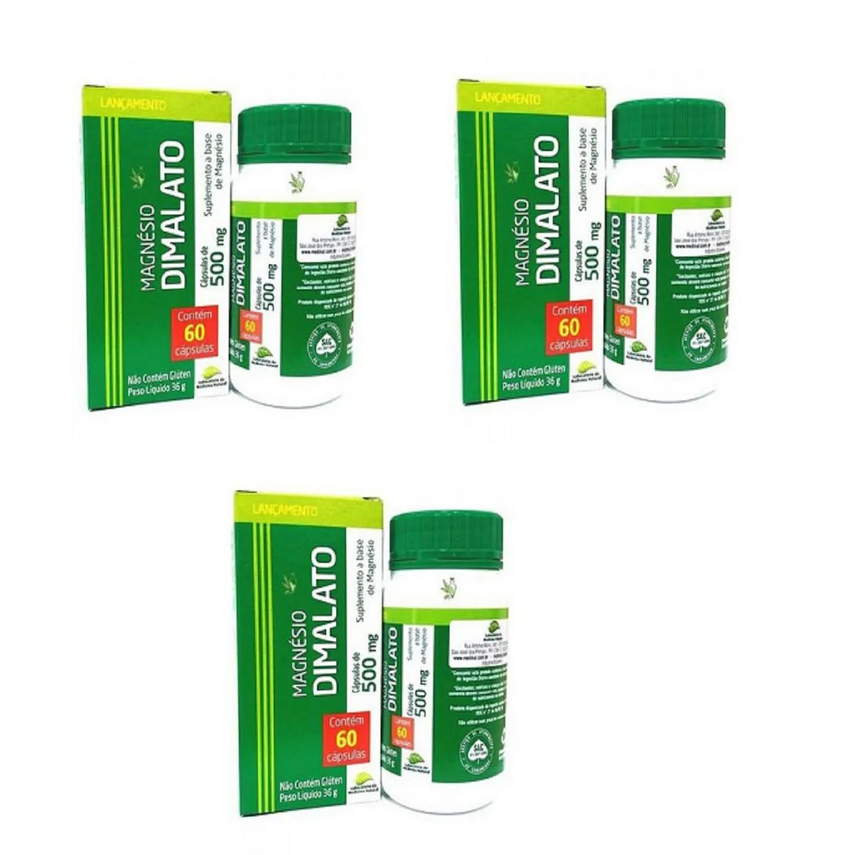 KIT 03 SUPLEMENTO MAGNéSIO DIMALATO 500MG 60 CPS - MEDINAL