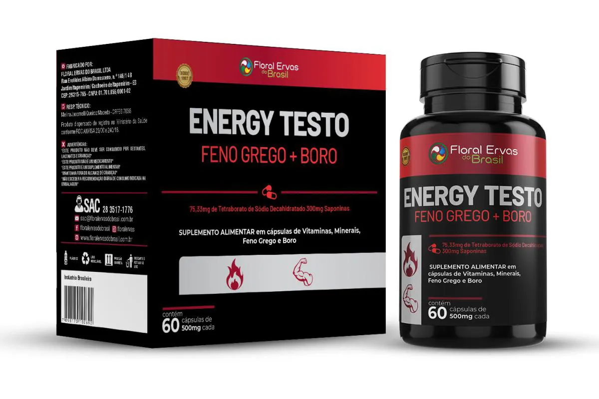 ENERGY TESTO FENO GREGO BORO TIROSINA MAGNéSIO ZINCO SELêNIO VITAMINA B3 B6 B9 GUARANá