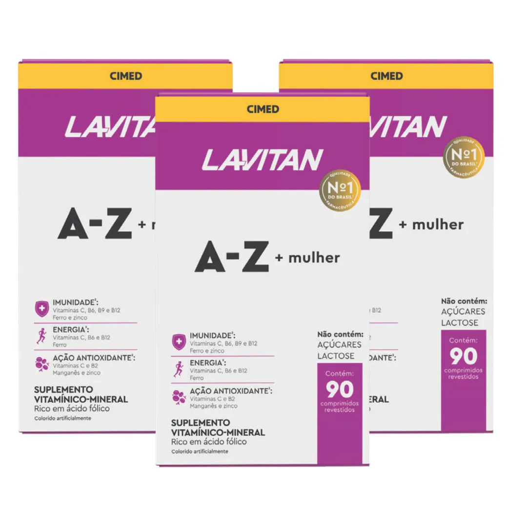 LAVITAN AZ MULHER KIT 3 CAIXAS 90 COMPRIMIDOS CIMED VITAMINAS SAUDE DA MULHER