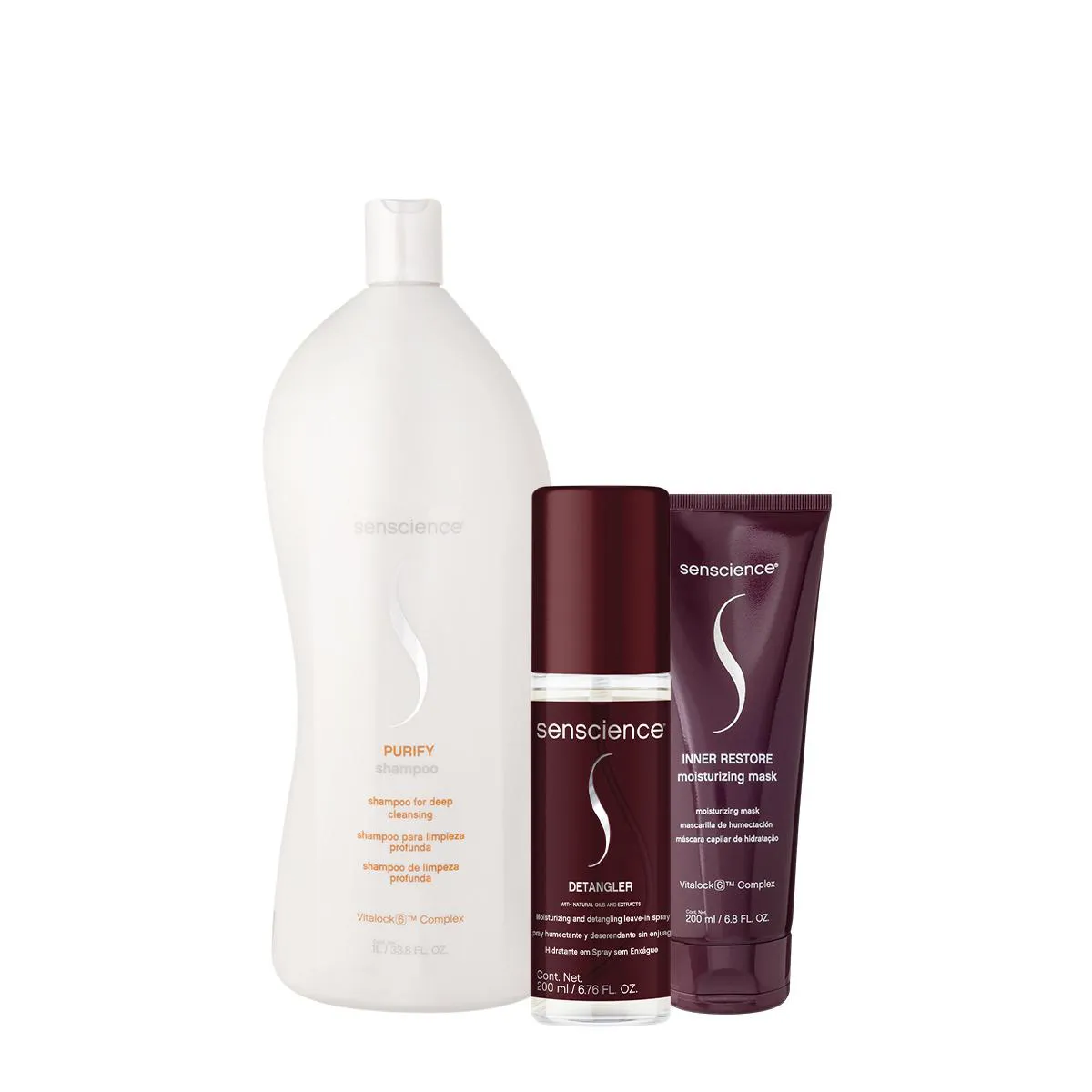 KIT SENSCIENCE PURIFY SHAMPOO 1L INNER RESTORE MáSCARA E DETANGLER LEAVE-IN (3 PRODUTOS)