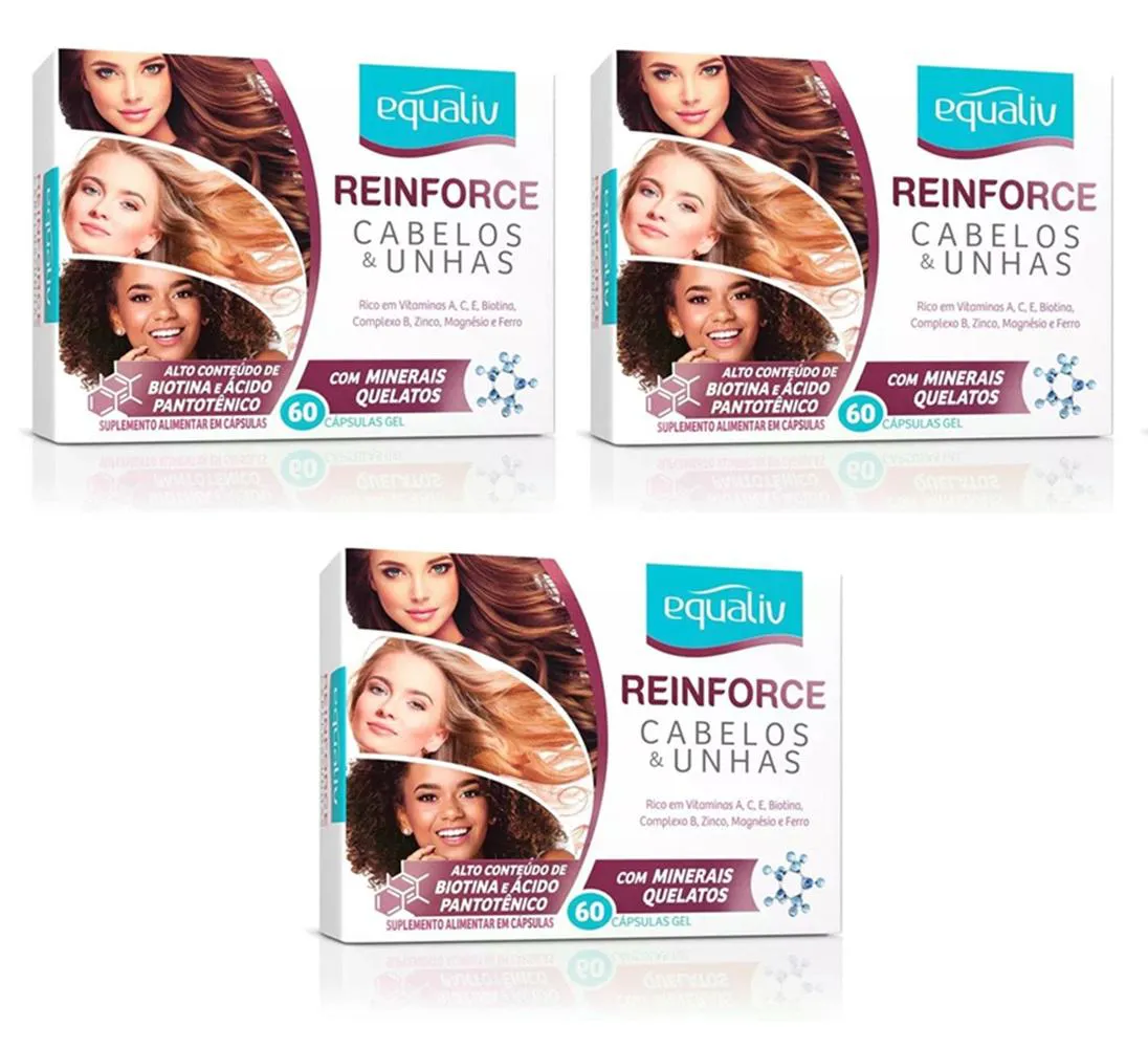 KIT 3 SUPLEMENTO REINFORCE CABELOS E UNHAS 60 CPS - EQUALIV