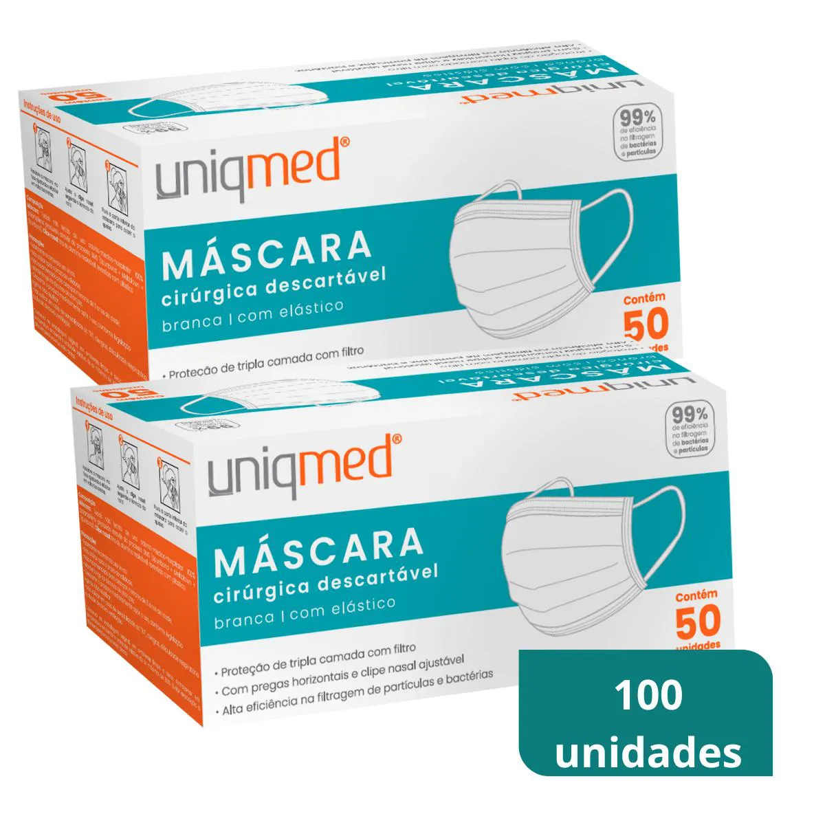 KIT 100 MáSCARAS CIRúRGICAS CAMADA TRIPLA UNIQMED ANVISA